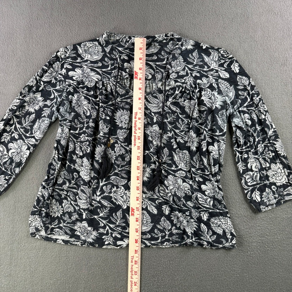 Lucky Brand Top Women XS Floral Print Tassel Tie 3/4 Sleeve Shirt Blouse Black‎ - Picture 5 of 9